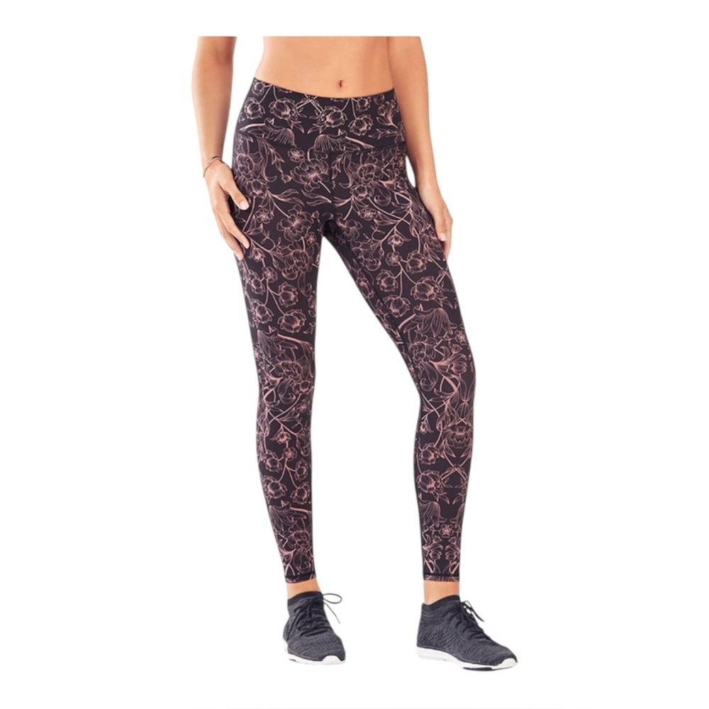 Fabletics PowerHold  High Rise Black and Pink Floral Leggings Sz XL